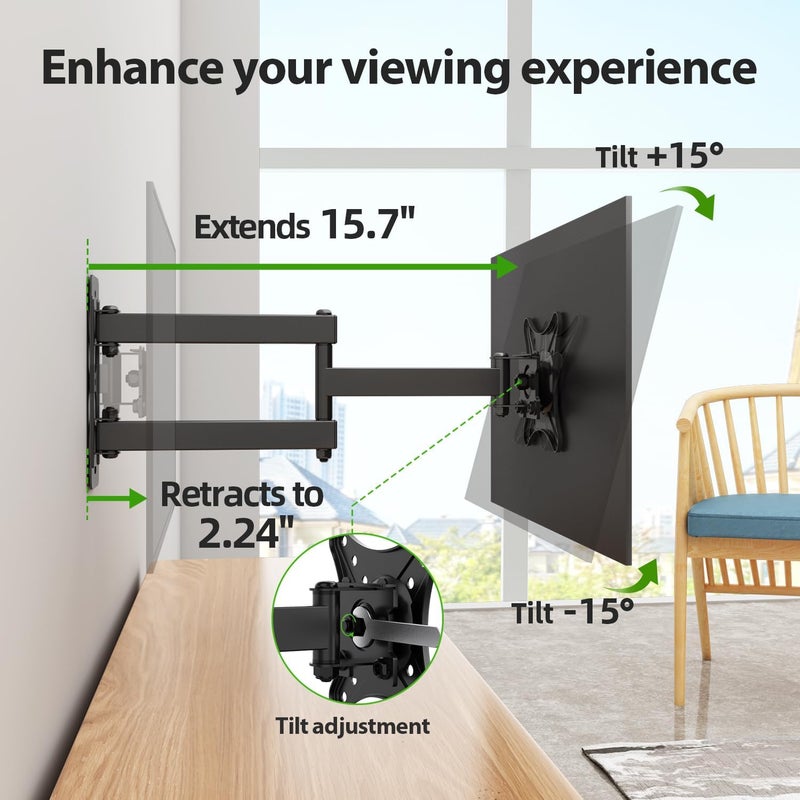 USX MOUNT Full Motion TV Wall Mount - Universal Single Stud Corner Bracket for 13-32 inch TVs, Monitor Wall Mount for LCD Monitor Swivel Tilt Rotation Articulating, VESA100x100mm, Up to 33LBS - Image 4